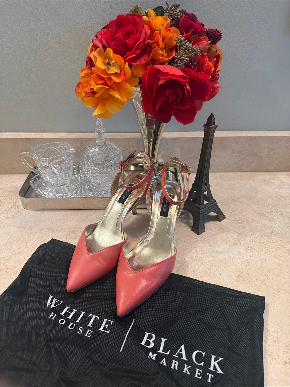 White House Black Market Coral Pointed-Toe Ankle-Strap Heels